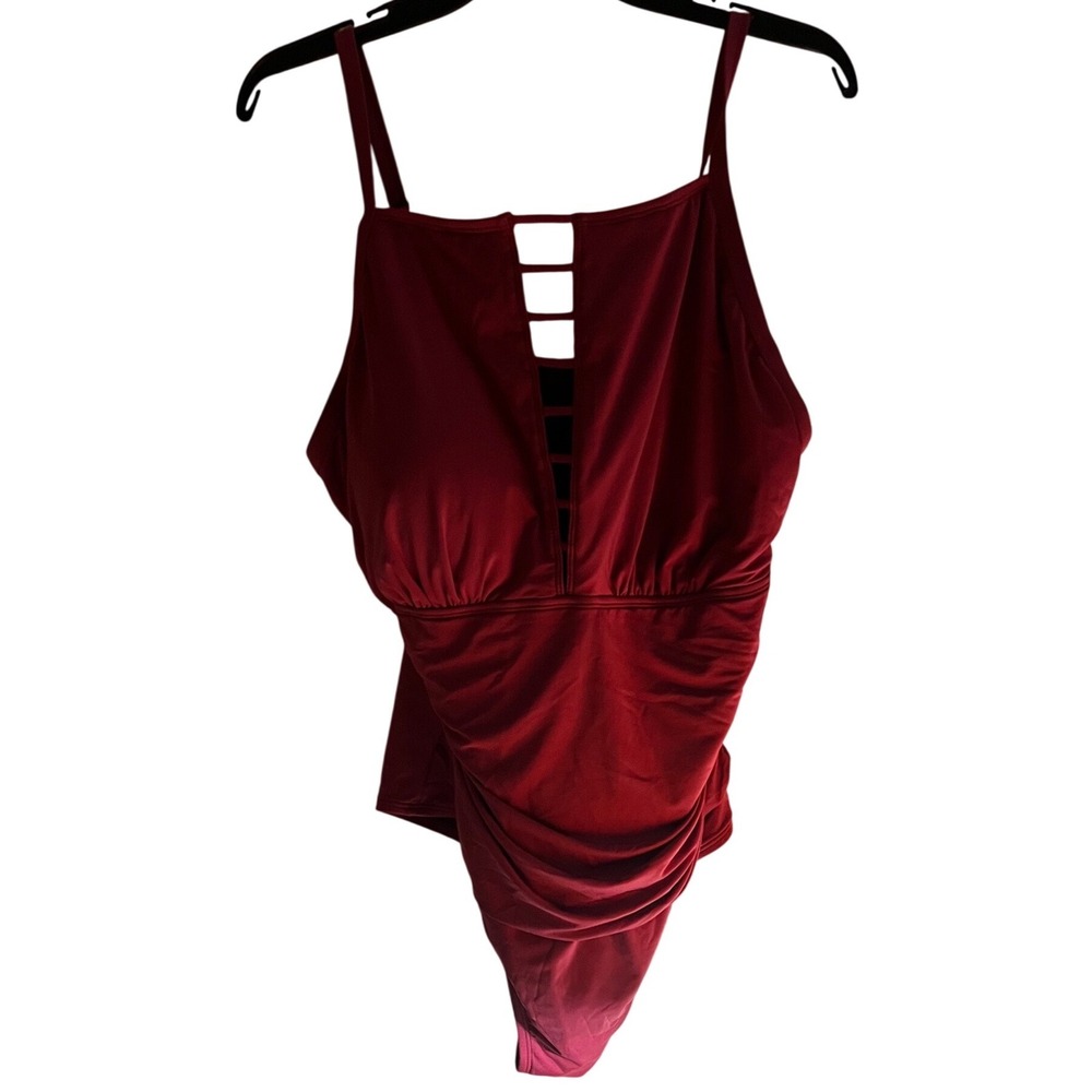 Jantzen Swimsuit Womens 20W Burgundy New Ruched Ladder Cutout One Piece